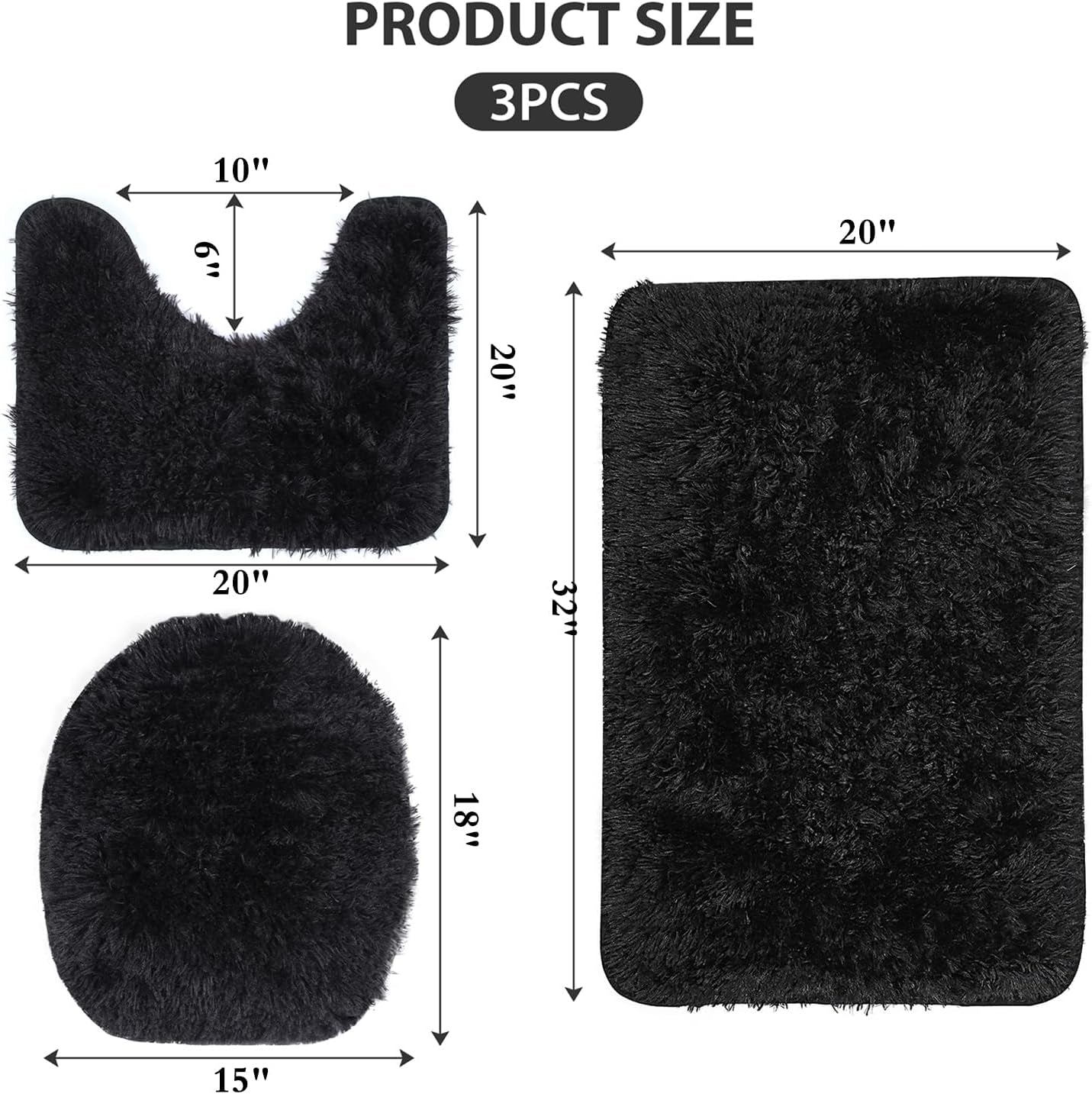 3 Piece Thicken 0.4" Bath Mat Set, Black Bathroom Rug, Contour Mat and Toilet Seat Cover, Super Long Soft Microfiber Water Absorbent and Non Slip Bathroom Rug Set with PVC Point Rubber Backing (Black)