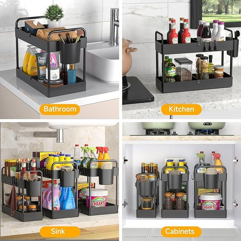 3 Pack Under Sink Organizers And Storage With Dividers,2-Tier Bathroom Organizers and Storage,Kitchen Organization,Cabinet Organizer With Hooks,Hanging Cup,Dividers,Handles