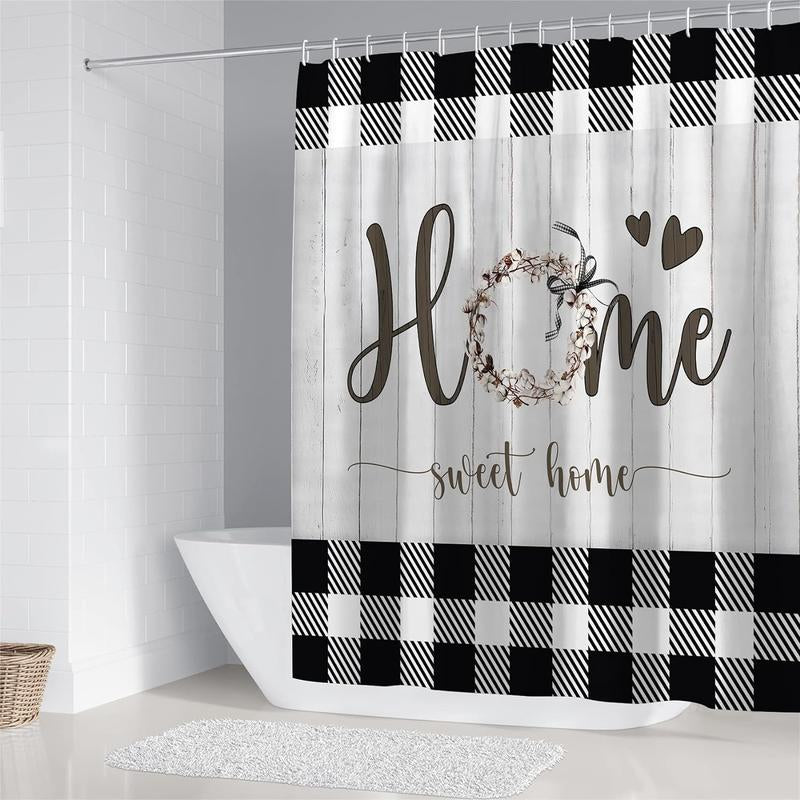 Black & White Rustic Bathroom Set – Shower Curtain with Matching Rugs & Toilet Mat