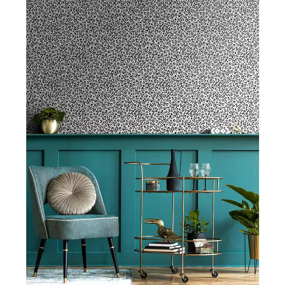 Black and White Leopard Print Vinyl Peel and Stick Wallpaper Roll 30.75 sq. ft