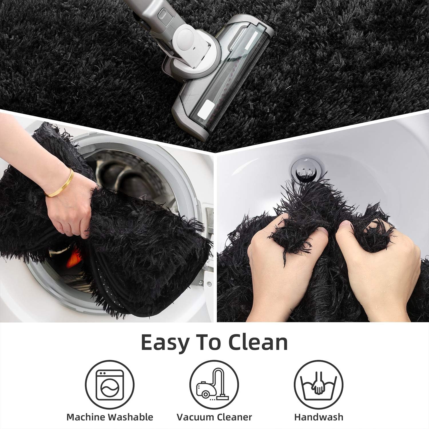 3 Piece Thicken 0.4" Bath Mat Set, Black Bathroom Rug, Contour Mat and Toilet Seat Cover, Super Long Soft Microfiber Water Absorbent and Non Slip Bathroom Rug Set with PVC Point Rubber Backing (Black)