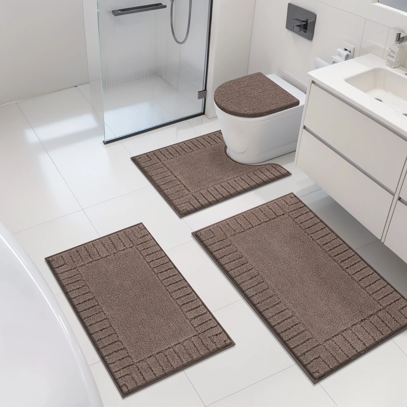 Bathroom Rugs Set of 4 Piece, Bath Mats, Microfiber Non Slip Shaggy Ultra Soft Bathroom Runner with U Shaped Contour Toilet Mat for Bathroom, Shower Inside Floor, Brown