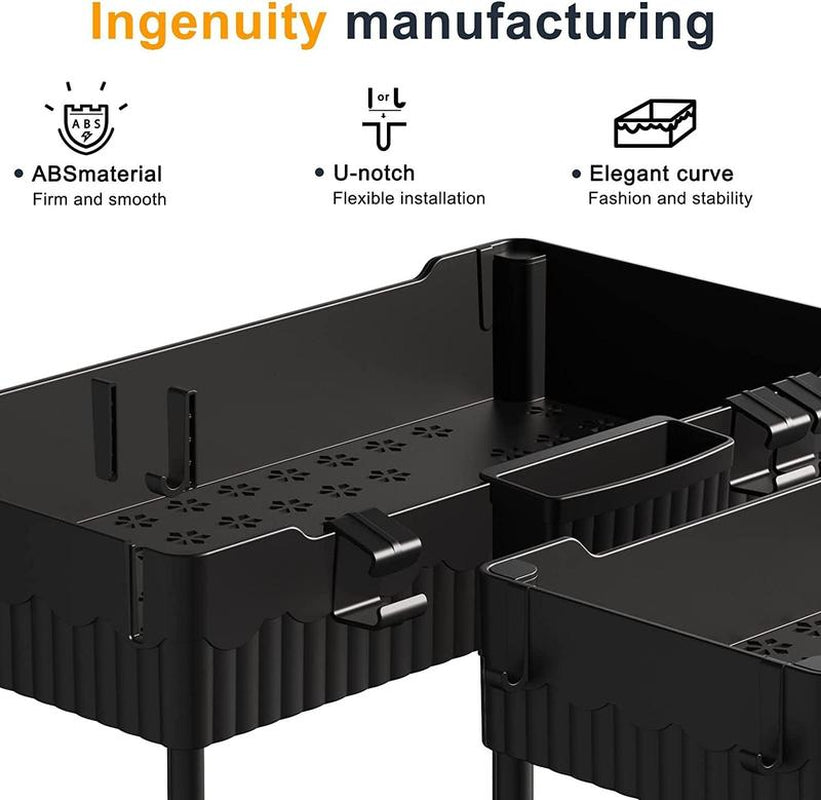 2-Pack Under Sink Organizer with Hooks and Hanging Cups – Multi-Purpose Storage Shelf for Bathroom and Kitchen Cabinets, Black”