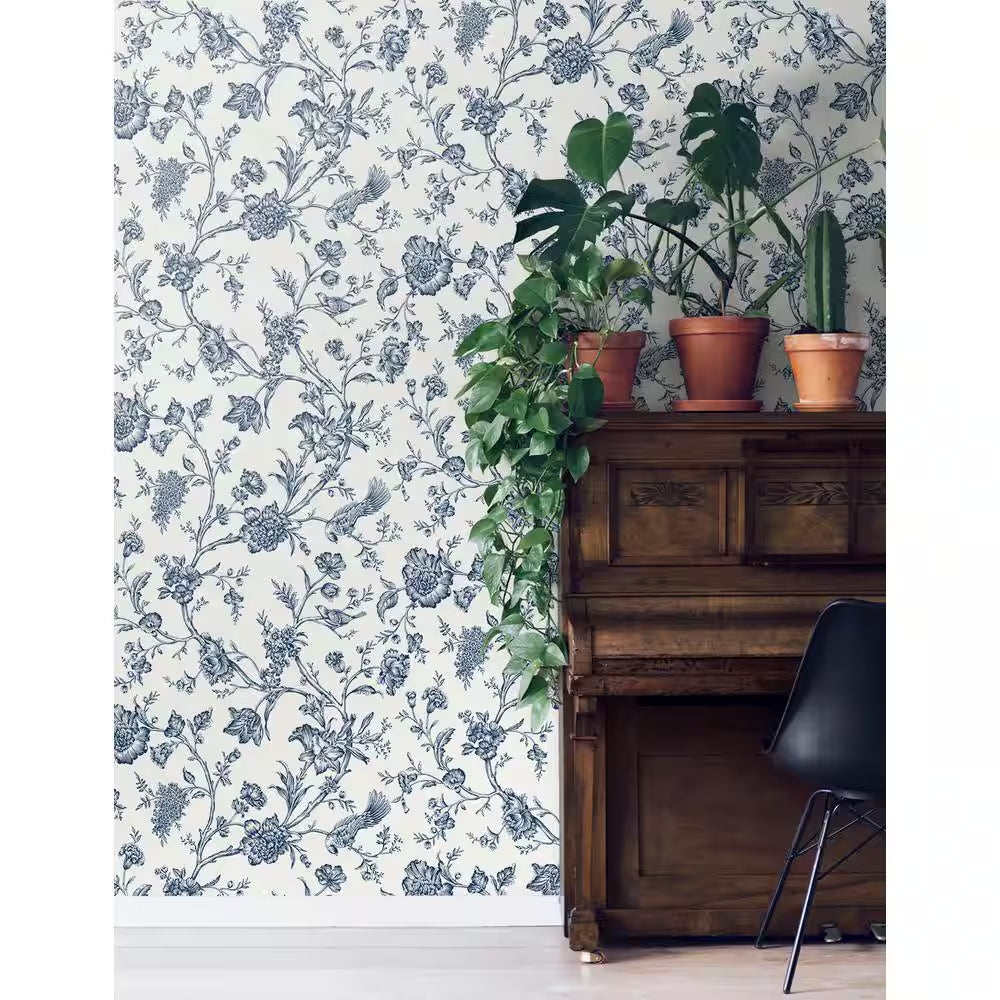Navy Blue Jasmine Chinoiserie Vinyl Peel and Stick Wallpaper Roll 40.5 sq. ft. 
