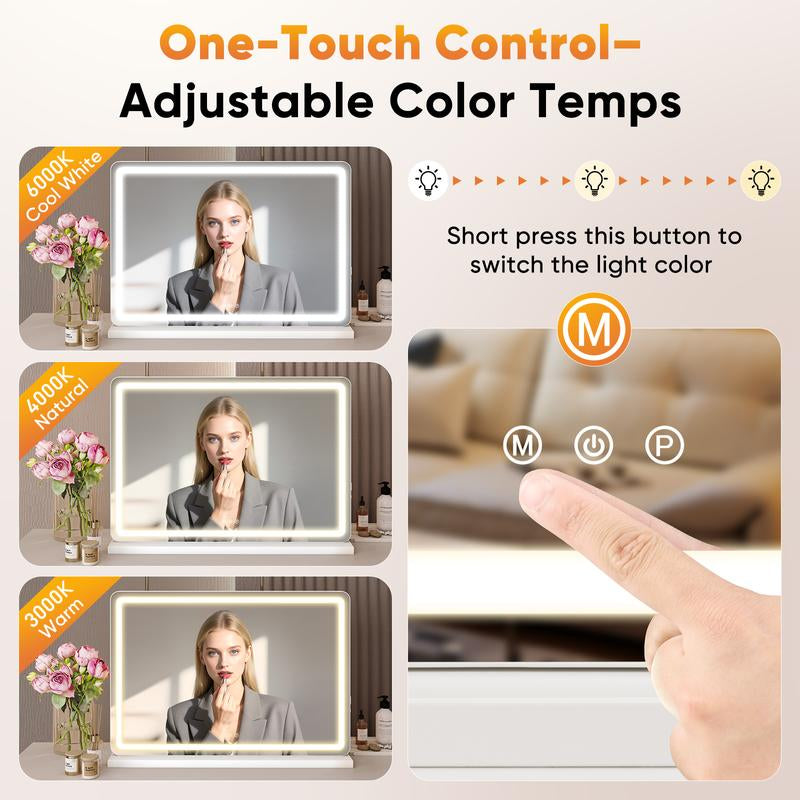 LED Makeup Mirror with 3-Mode Lighting, Touch Control, 10x Magnification, Detachable Base