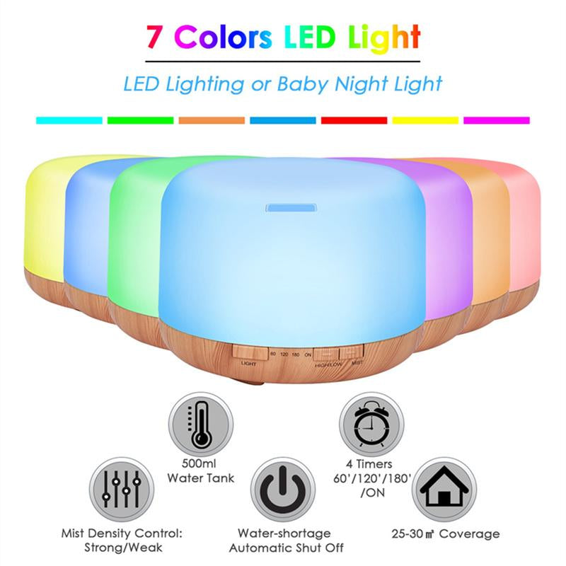 Essential Oil Diffuser, 500ml Essential Oil Diffuser, Aromatherapy Diffuser with Timer and 7 Ambient Lights No Water Auto Off, Diffuser Large Room Home Office