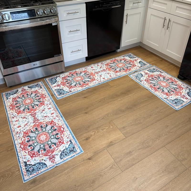 Boho 3-Piece Rug Set – Thick Non-Slip Flannel Mats for Kitchen, Hallway & Laundry