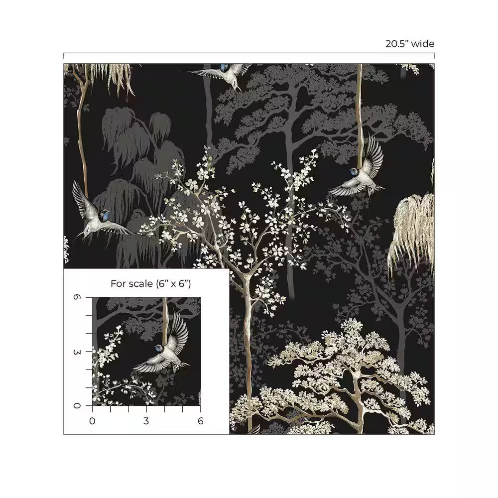 Black Bird Garden Floral Vinyl Peel and Stick Wallpaper Roll 30.75 sq. ft.