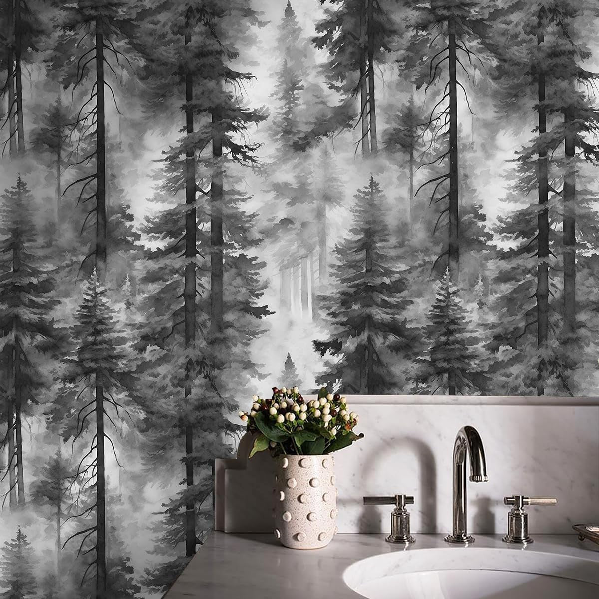 Black and White Forest Thick Vinyl Peel and Stick Wallpaper for Bathrooms and Bedrooms