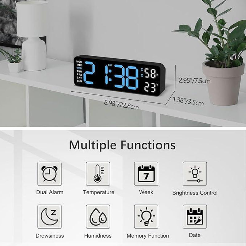 USB & Battery Digital Wall Clock – Large LED Display with Temperature, Date & Week, Multifunctional Alarm for Home