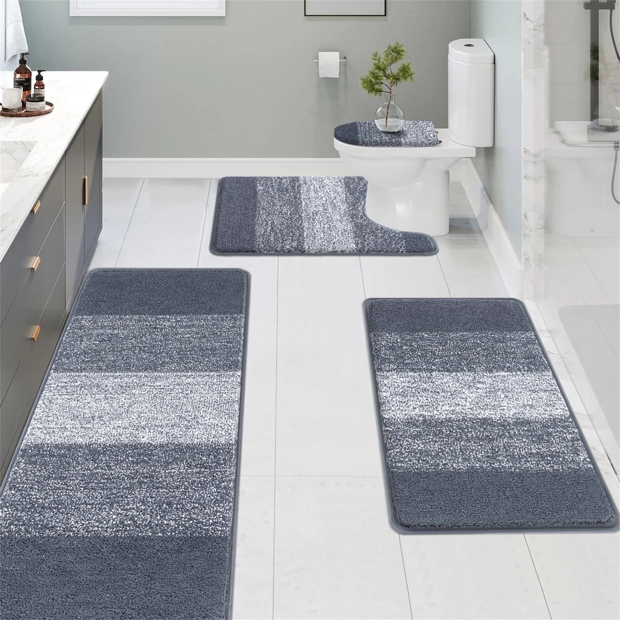 Traditional 4 Piece Microfiber Washable Bathroom Rug Set, Grey