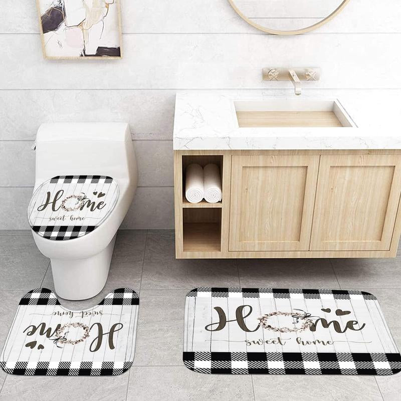 Black & White Rustic Bathroom Set – Shower Curtain with Matching Rugs & Toilet Mat