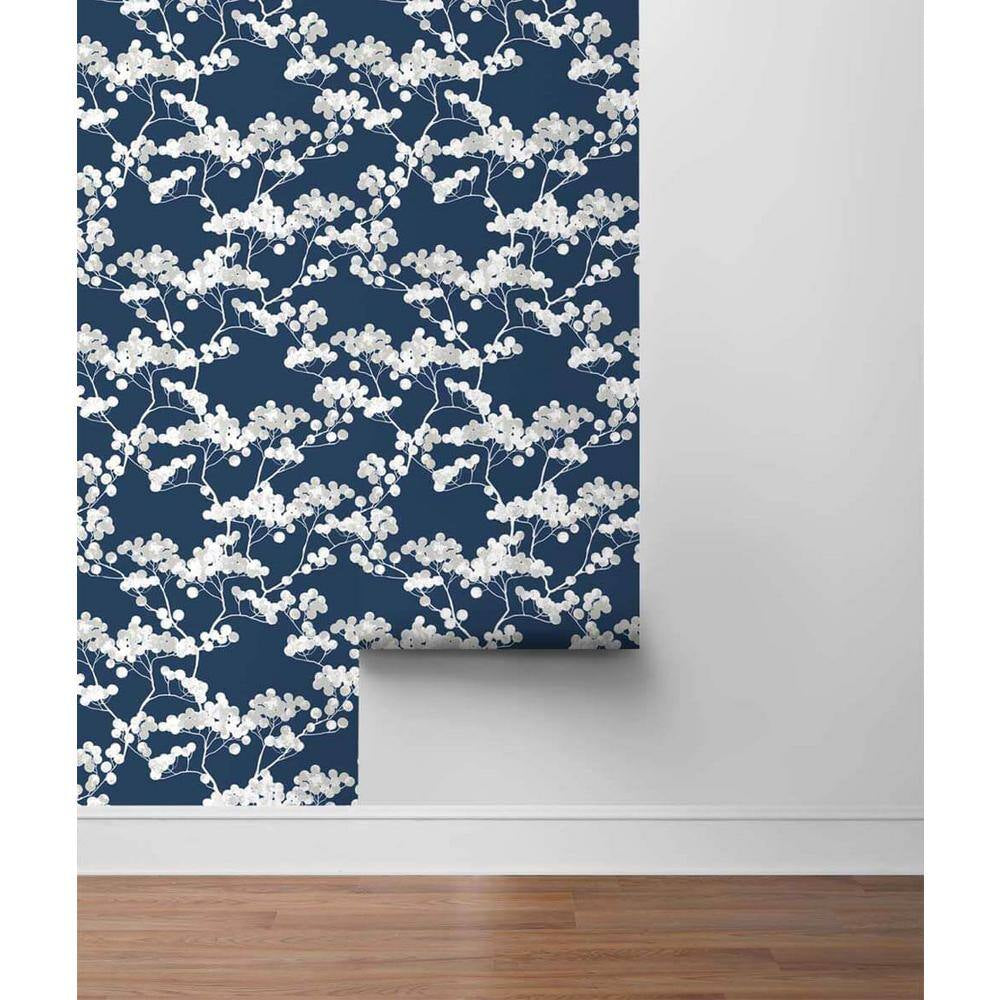 Cyprus Blossom Navy Blue and Grey Floral Vinyl Peel and Stick Wallpaper Roll