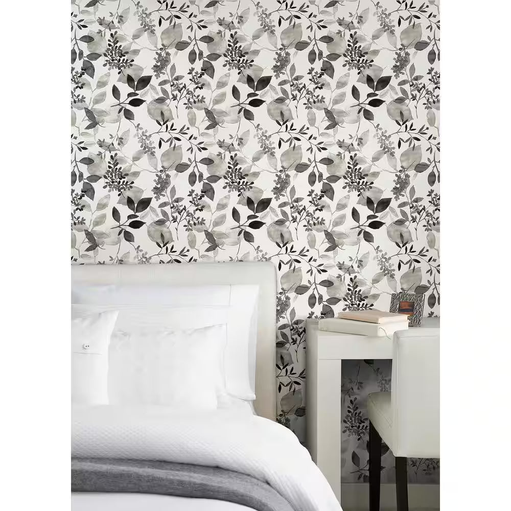 Black Breezy Floral Botanical Vinyl Peel and Stick Wallpaper Roll