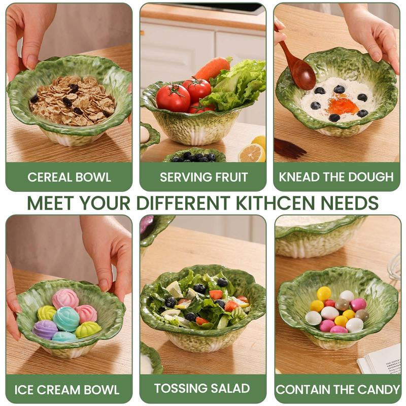 KXZ 3-Piece Cabbage Ceramic Bowl Set – 5oz, 16oz & 60oz Bowls for Soup, Salad, Fruit | Elegant Green Hand-Painted Serving Bowls