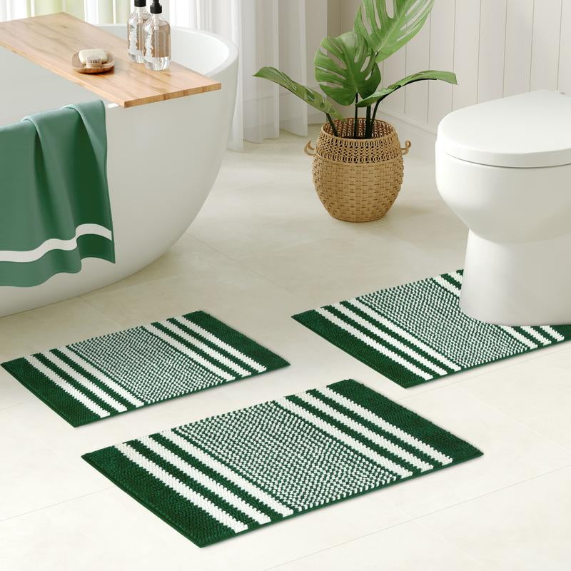 Green Bathroom Rug Set, 3-Piece Ultra Soft Non-Slip Chenille Bath Mats, Plush Absorbent Toilet & Floor Mats