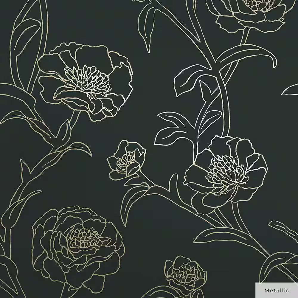 Metallic Black and White Peonies Vinyl Peel and Stick Wallpaper Roll