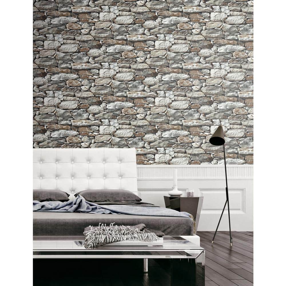 Grey and Taupe Stone Brick Vinyl Peel and Stick Wallpaper Roll (Covers 30.75 Sq. Ft.)
