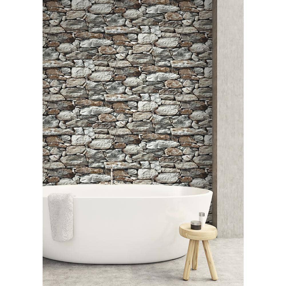 Grey and Taupe Stone Brick Vinyl Peel and Stick Wallpaper Roll (Covers 30.75 Sq. Ft.)