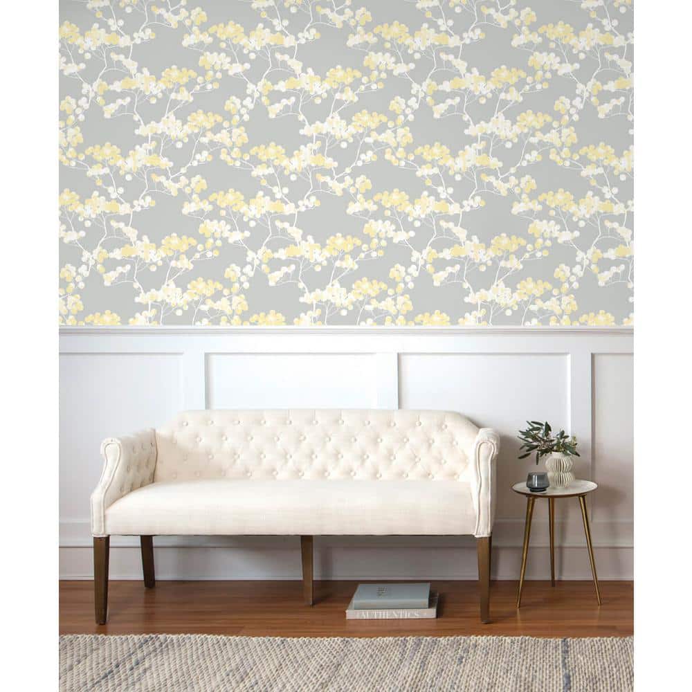 Buttercup and Grey Cyprus Blossom Vinyl Peel and Stick Wallpaper Roll 30.75 sq. ft.