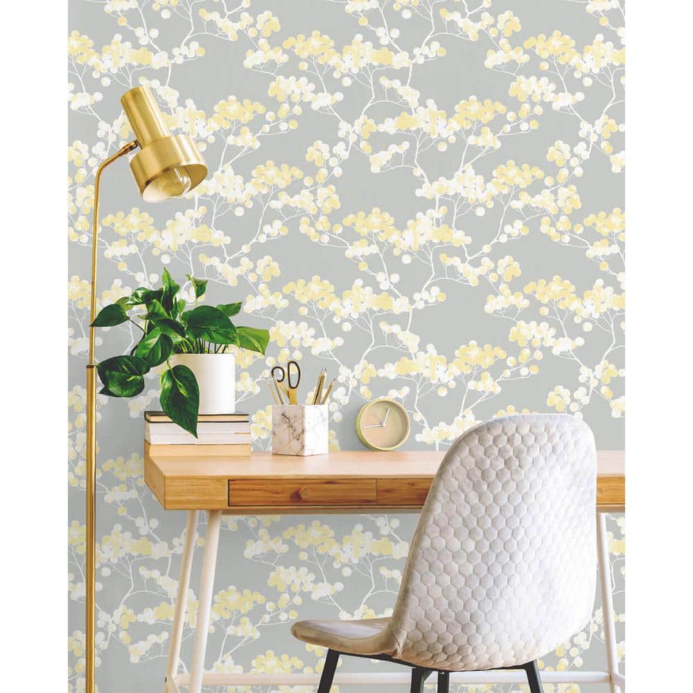 Buttercup and Grey Cyprus Blossom Vinyl Peel and Stick Wallpaper Roll 30.75 sq. ft.