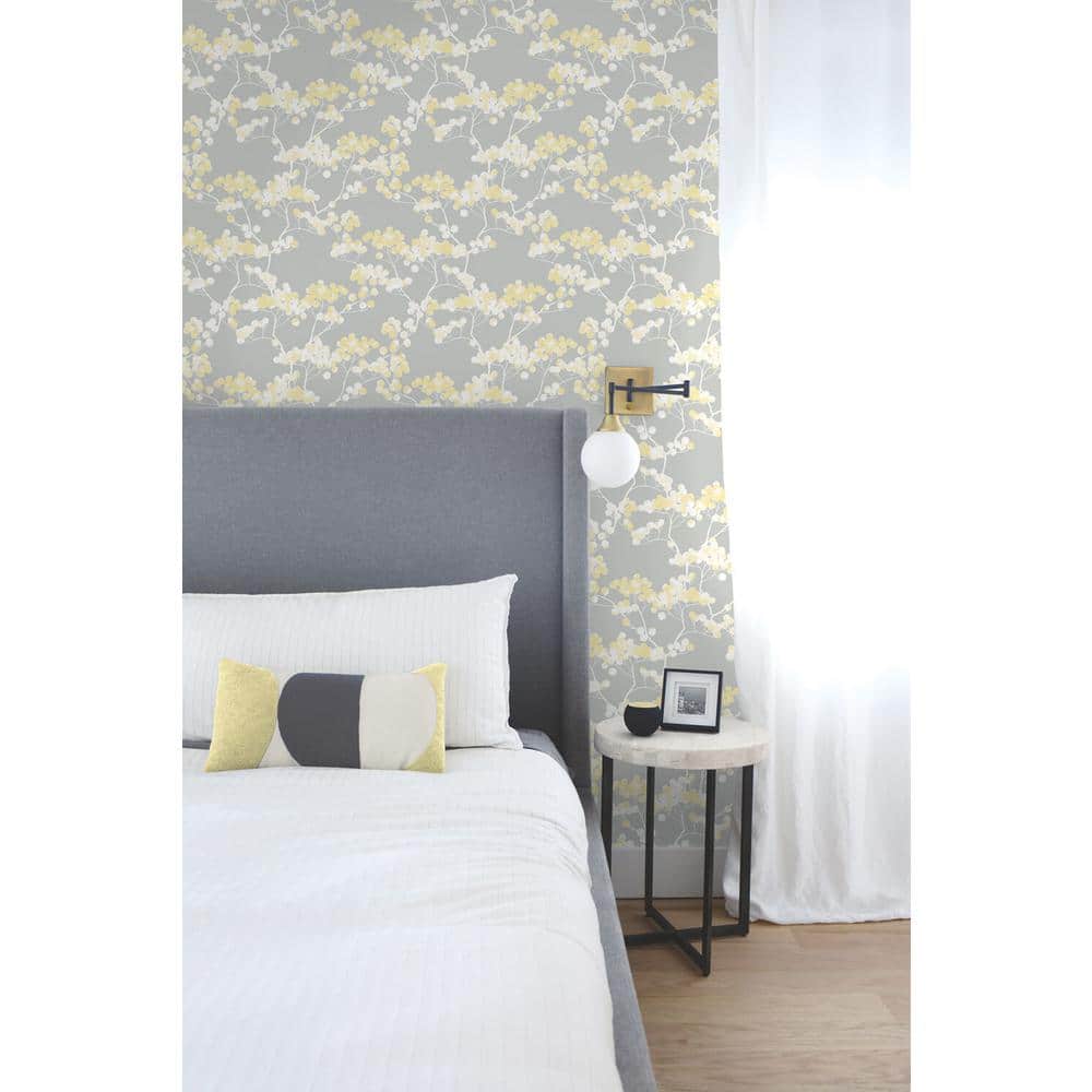 Buttercup and Grey Cyprus Blossom Vinyl Peel and Stick Wallpaper Roll 30.75 sq. ft.
