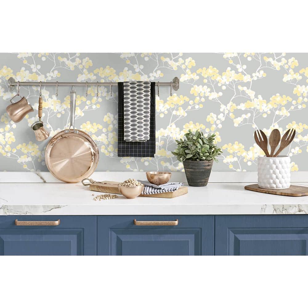 Buttercup and Grey Cyprus Blossom Vinyl Peel and Stick Wallpaper Roll 30.75 sq. ft.