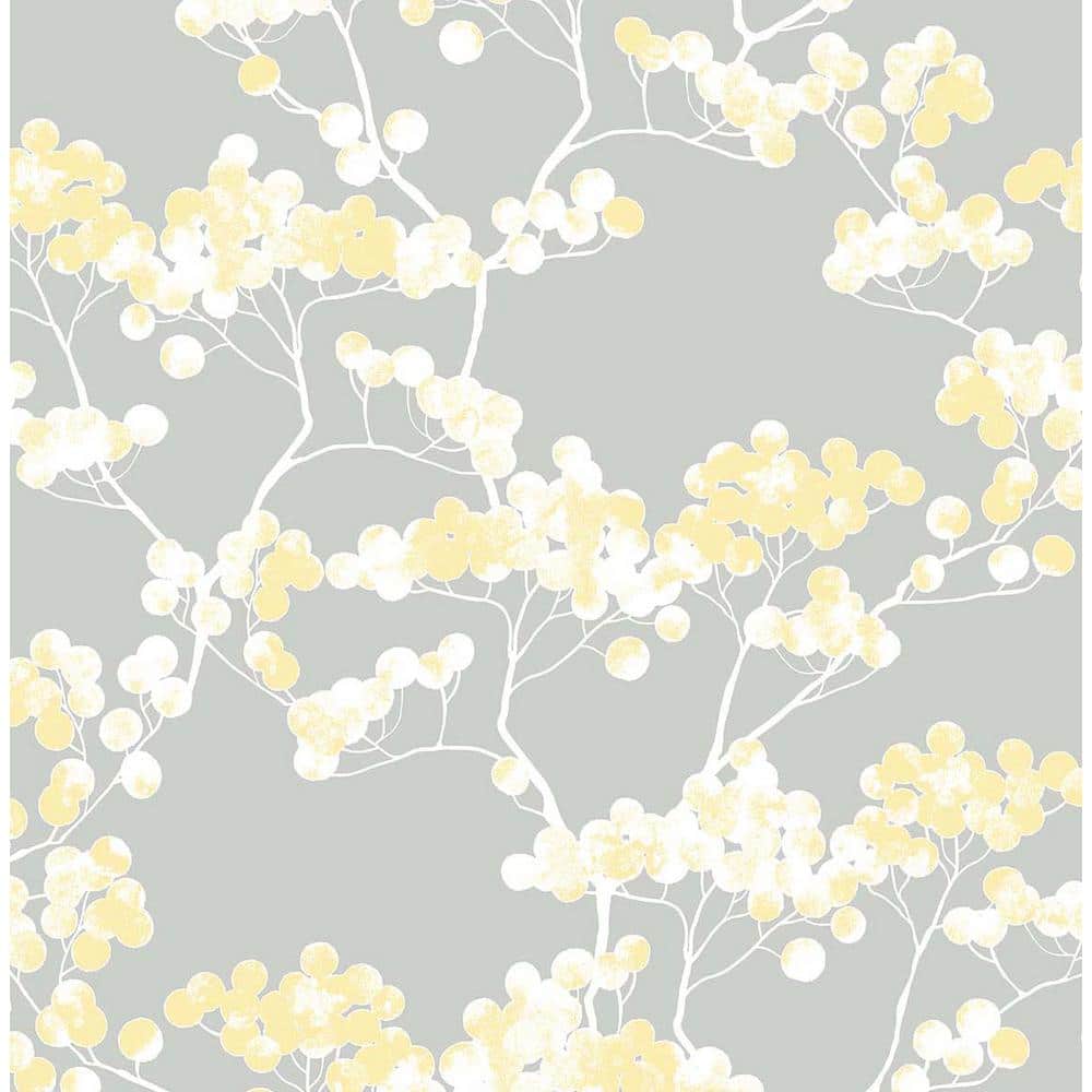 Buttercup and Grey Cyprus Blossom Vinyl Peel and Stick Wallpaper Roll 30.75 sq. ft.