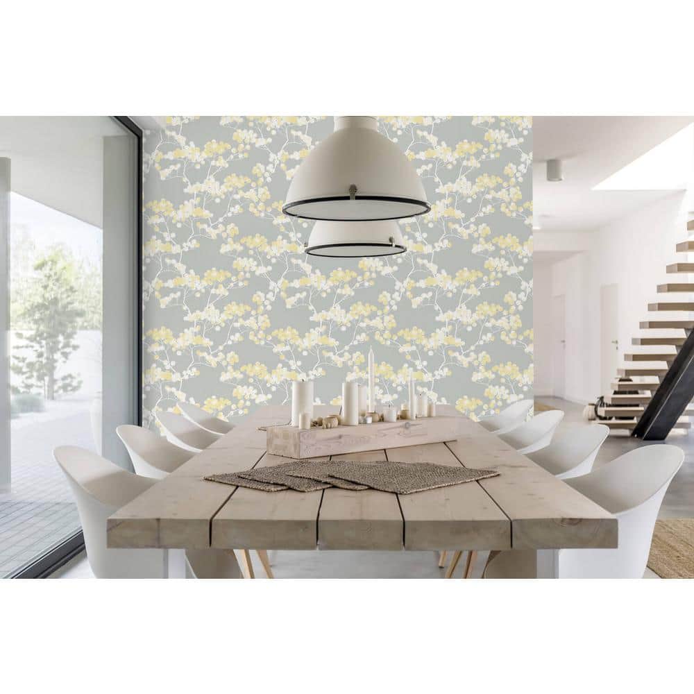 Buttercup and Grey Cyprus Blossom Vinyl Peel and Stick Wallpaper Roll 30.75 sq. ft.