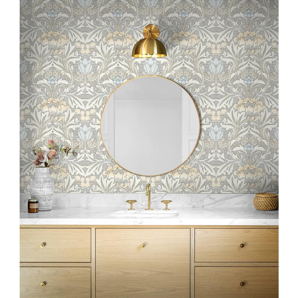 Daydream Grey and Pearl Blue Morris Flower Vinyl Peel and Stick Wallpaper Roll 30.75 sq. ft