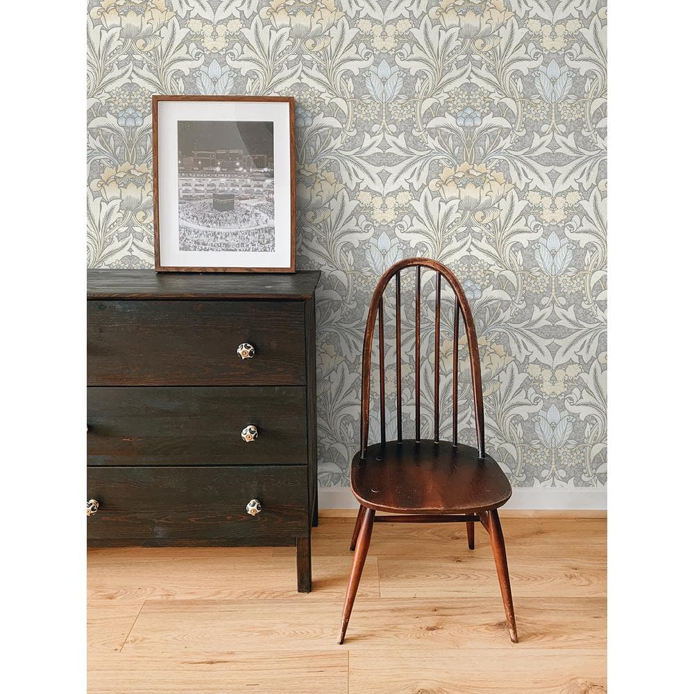 Daydream Grey and Pearl Blue Morris Flower Vinyl Peel and Stick Wallpaper Roll 30.75 sq. ft