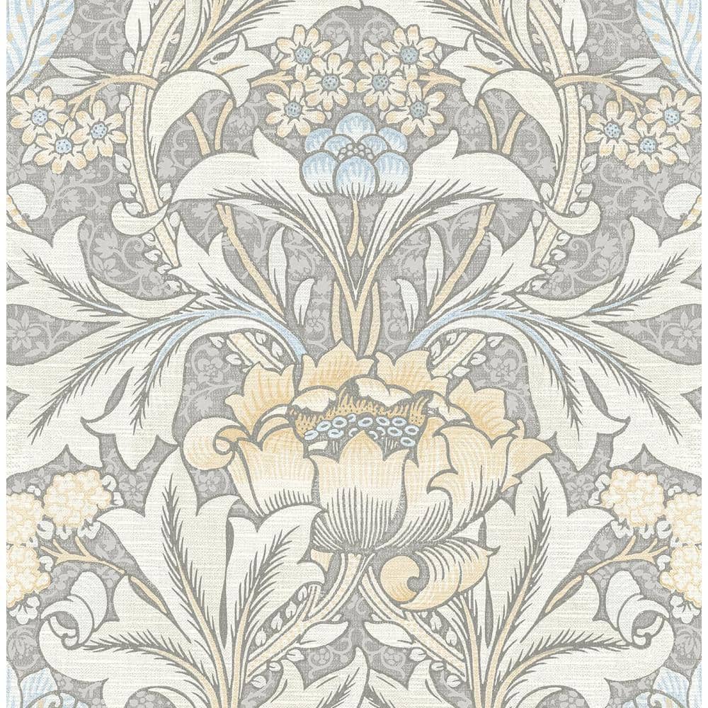 Daydream Grey and Pearl Blue Morris Flower Vinyl Peel and Stick Wallpaper Roll 30.75 sq. ft