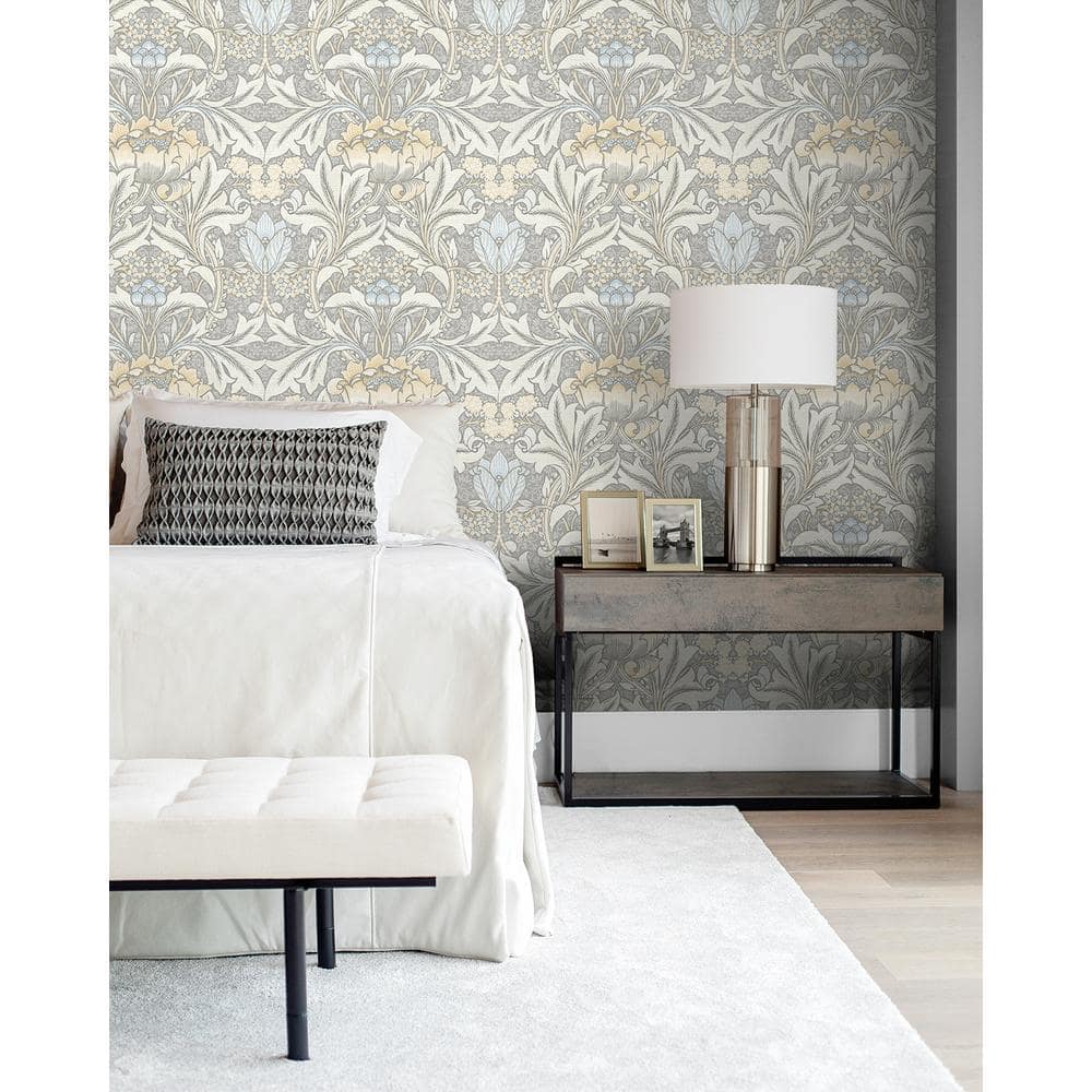 Daydream Grey and Pearl Blue Morris Flower Vinyl Peel and Stick Wallpaper Roll 30.75 sq. ft